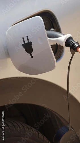 Electric Vehicle Charging Closeup Black White Plug Modern Car