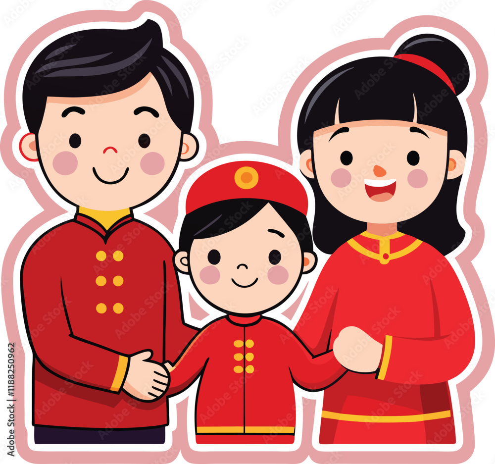 A happy family chiness of four smiling together in a park cartoon illustration A happy family chiness of four smiling together in a park cartoon illustration