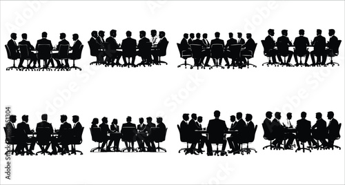 Business team meeting silhouettes in a office vector. Corporate businessman meeting silhouettes. Team of businessmen meeting silhouettes at office vector illustration
