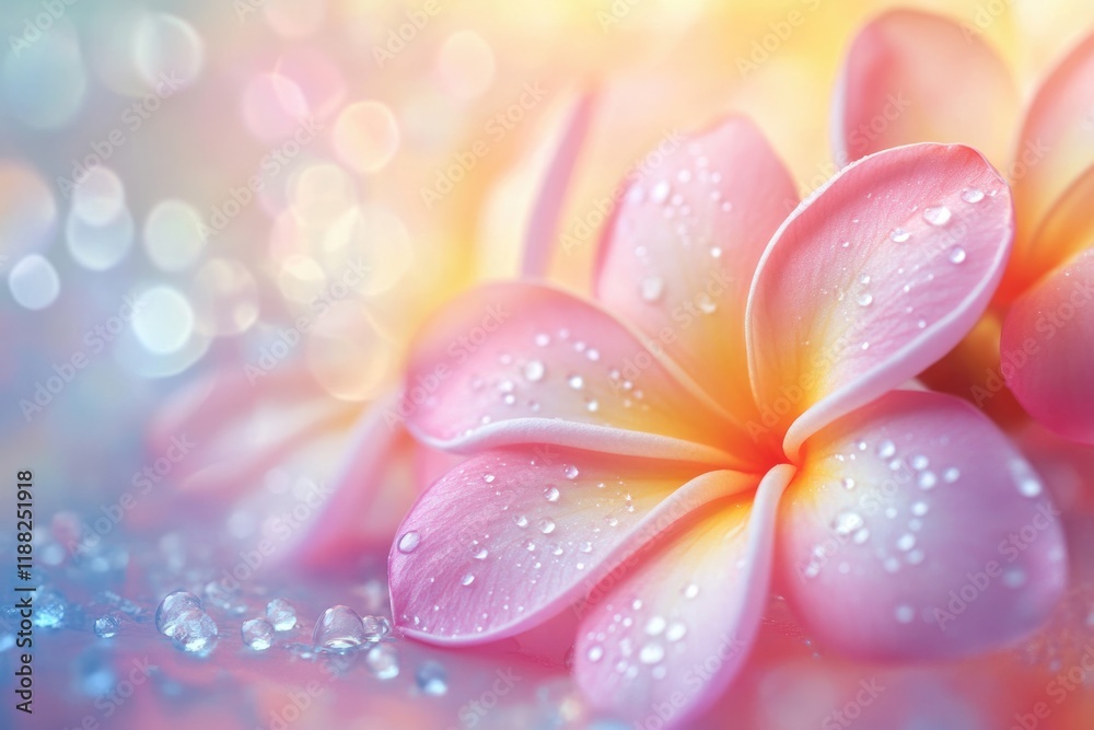 Sunshine illuminates Plumeria flowers with water drops. Sunshine illuminates Plumeria flowers with water drops.