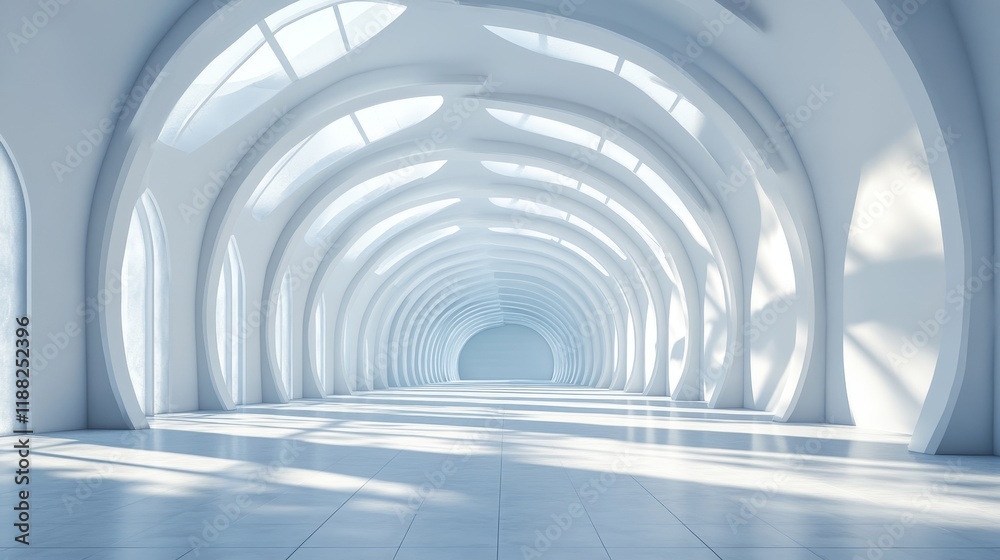 Futuristic white arched hallway with sunlight. Futuristic white arched hallway with sunlight.