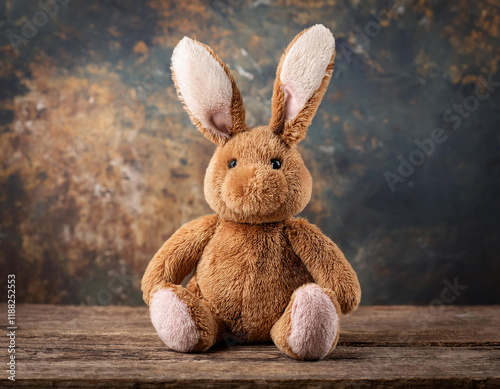 A plush rabbit with long ears set against a weathered, vintage-style grunge background. photo