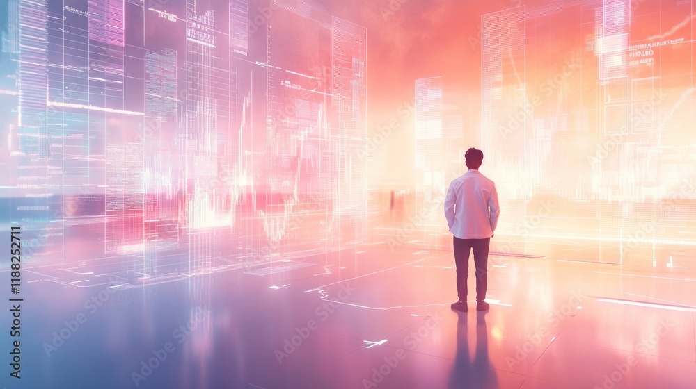 Man observing futuristic data visualization on large screen. Man observing futuristic data visualization on large screen.