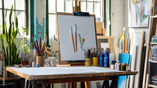 A sophisticated studio workspace with a drafting table, inspiration board, and neatly arranged art supplies, bathed in soft natural light.