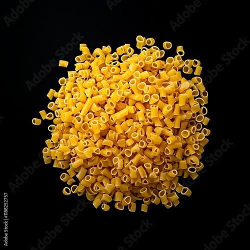 Massive pile of yellow pasta shapes on black background, showcasing various sizes and forms. Perfect for culinary themes and food photography photo