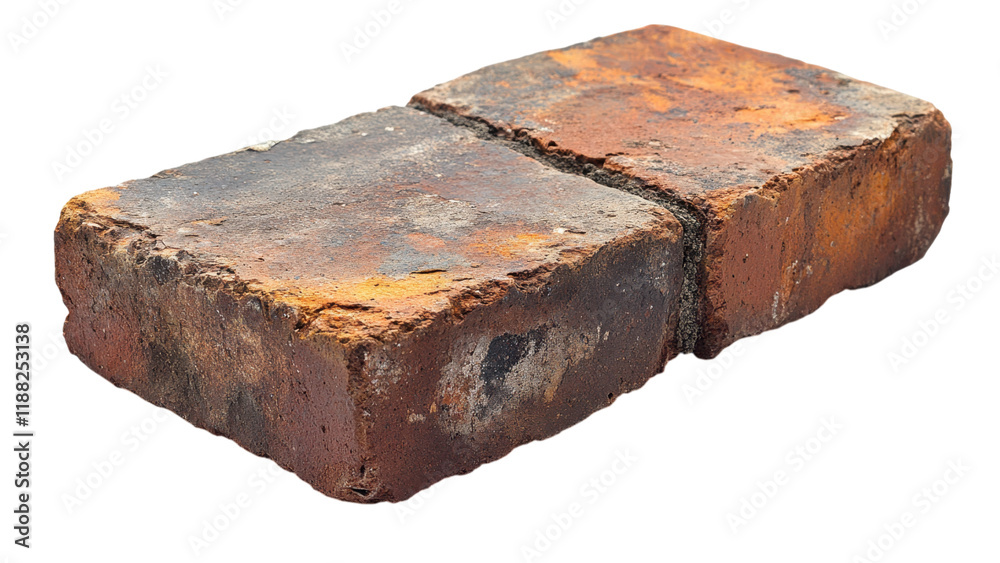 Vertical brick with chipped edges, set against a white background, showcasing texture and form in minimalist design Vertical brick with chipped edges, set against a white background, showcasing texture and form in minimalist design