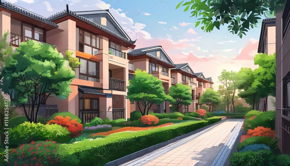 Suburban street, Asian homes, sunset, landscaping, illustration.