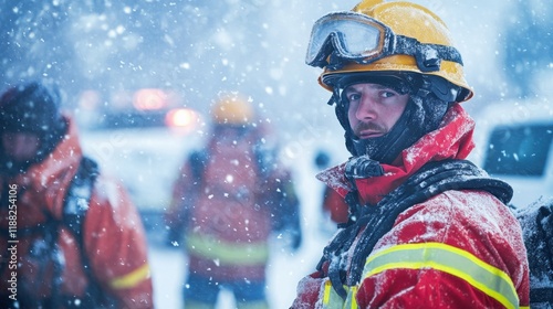 Brave firefighter in snowstorm, preparing for rescue mission with heavy snowfall, focused and determined, wearing protective gear and helmet, emergency response photo