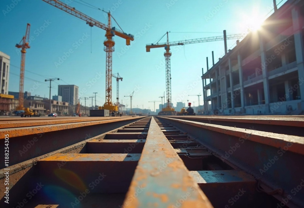 Fototapeta premium Construction Site Flourishes Under Bright Sunlight With Cranes Towering on the Horizon