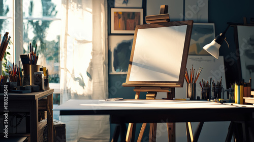 A sophisticated studio workspace with a drafting table, inspiration board, and neatly arranged art supplies, bathed in soft natural light.