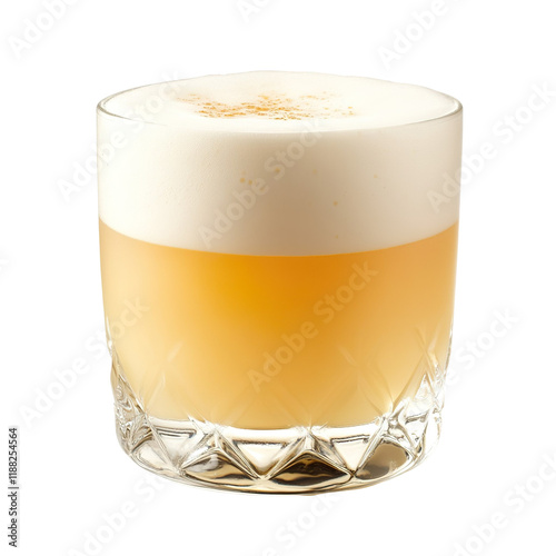 Extreme front view of a perfect looking Whiskey Sour Fizz whisky drink isolated on a white transparent background