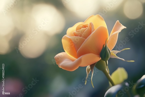 Rose bud close up on a natural blurred background. Yellow rose  Friesia  Korresia  Sun Sprite. photo