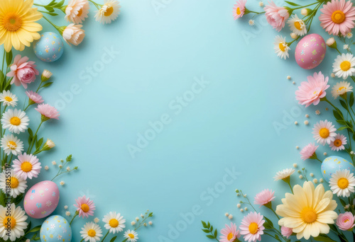 Easter background with pastel-colored decorated eggs and vibrant spring flowers arranged around the edges on a light blue surface, leaving space in the center for text or design elements