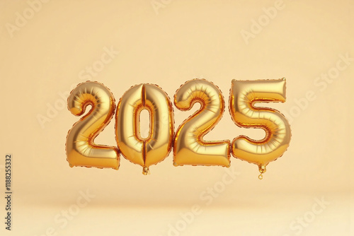Three large shiny gold balloons with 2025 printed floating on light beige