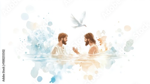 Baptism scene in watercolor style with two figures and dove above