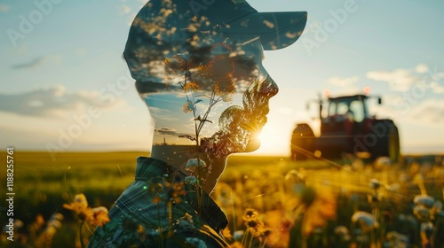 Double exposure art  agronomist overseeing field with tractor silhouetted against a sunset