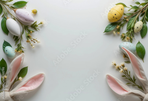 Easter background with decorated eggs, green leaves, delicate flowers, and bunny ears peeking from the corners, leaving space in the center for text or design elements
