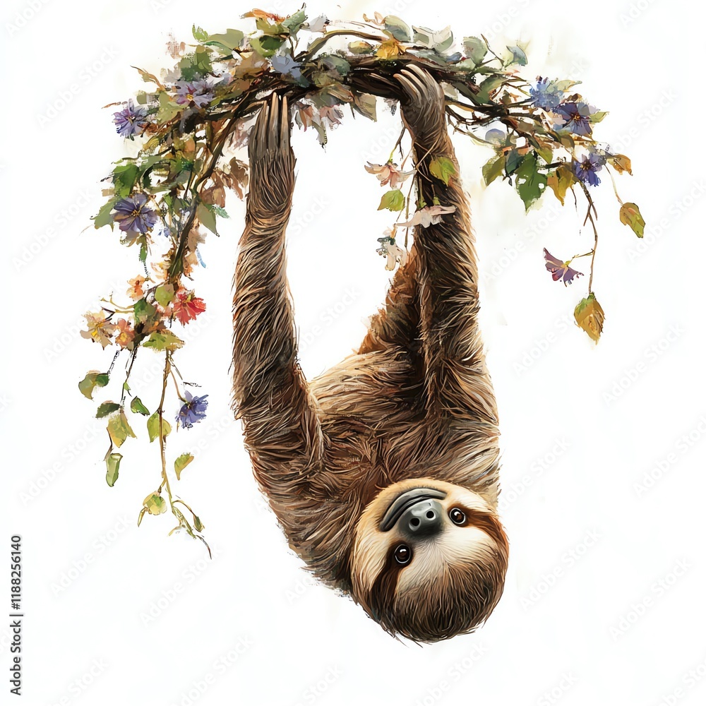 Obraz premium A cute sloth hanging from a branch surrounded by colorful flowers.