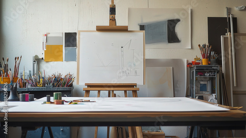 A sophisticated studio workspace with a drafting table, inspiration board, and neatly arranged art supplies, bathed in soft natural light.