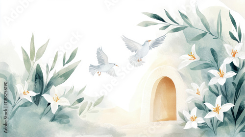 Watercolor resurrection scene with lilies and doves in spring garden