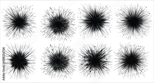 Abstract fireworks explosion vector icons. Radial speed lines in circle vector art. Vector icons of fireworks explosion. Festive fireworks burst icons. Abstract vector fireworks explosions