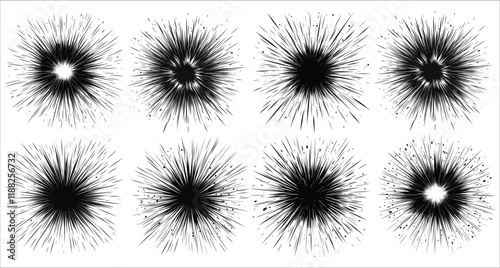 Abstract fireworks explosion vector icons. Radial speed lines in circle vector art. Vector icons of fireworks explosion. Festive fireworks burst icons. Abstract vector fireworks explosions