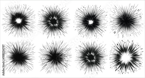 Abstract fireworks explosion vector icons. Radial speed lines in circle vector art. Vector icons of fireworks explosion. Festive fireworks burst icons. Abstract vector fireworks explosions