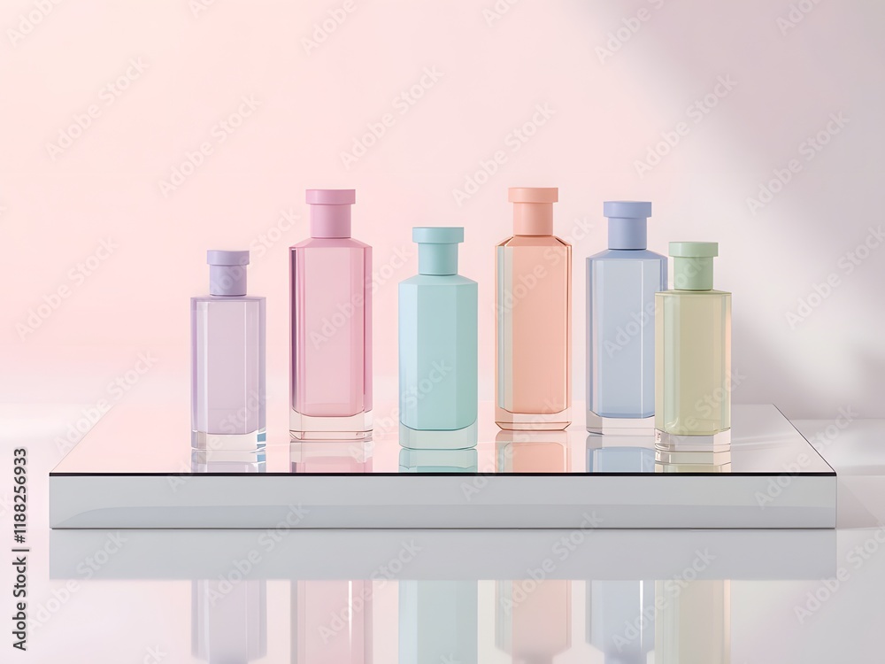 Elegant Pastel Perfume Bottles Displayed on Reflective Surface. mockup perfume bottles image
Elegant Pastel Perfume Bottles Displayed on Reflective Surface. mockup perfume bottles image