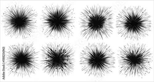 Abstract fireworks explosion vector icons. Radial speed lines in circle vector art. Vector icons of fireworks explosion. Festive fireworks burst icons. Abstract vector fireworks explosions