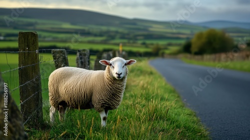 Serene Country Landscape with Grazing Sheep by the Road, Lush Green Fields and Rolling Hills Under Soft Sunset Light in the Background photo