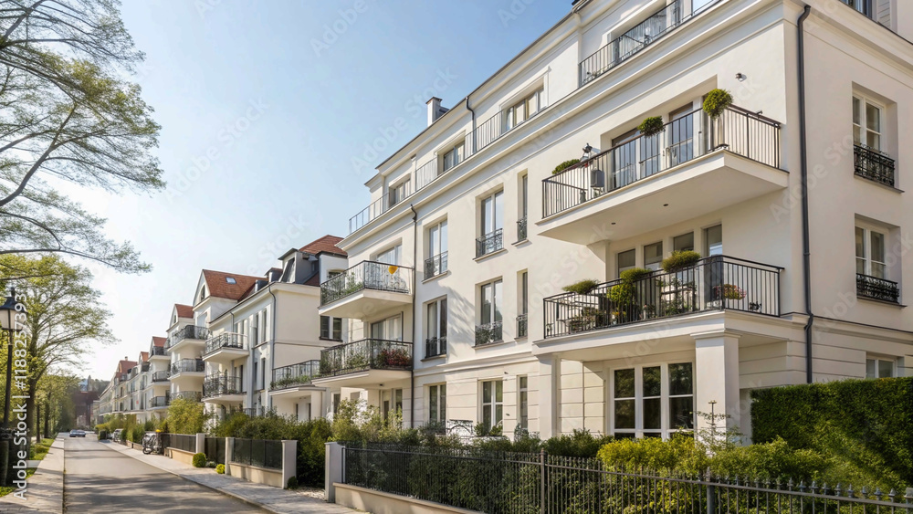 Fototapeta premium modern corner apartment complex with blue colored windows and light leaks.house, urban, white, window