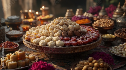 Assorted indian sweets on a festive table with candlelight ambiance photo