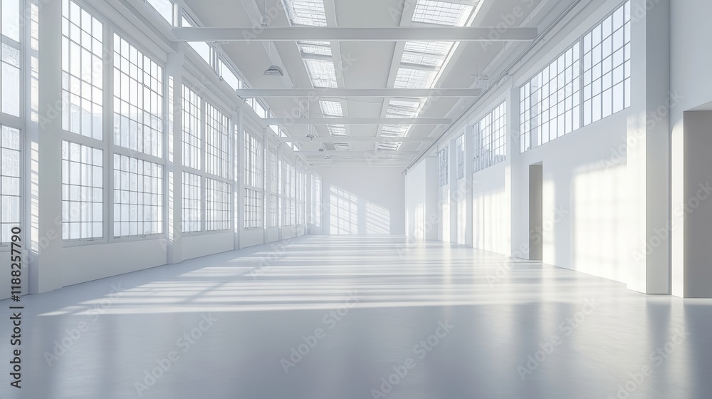 Sunlit empty industrial warehouse interior. Sunlit empty industrial warehouse interior.