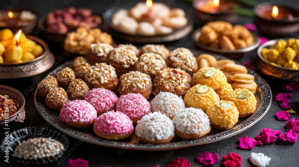 Fototapeta premium Assorted indian sweets with colorful decorations and candlelit ambiance