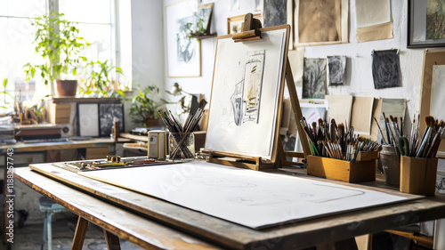 A sophisticated studio workspace with a drafting table, inspiration board, and neatly arranged art supplies, bathed in soft natural light.
