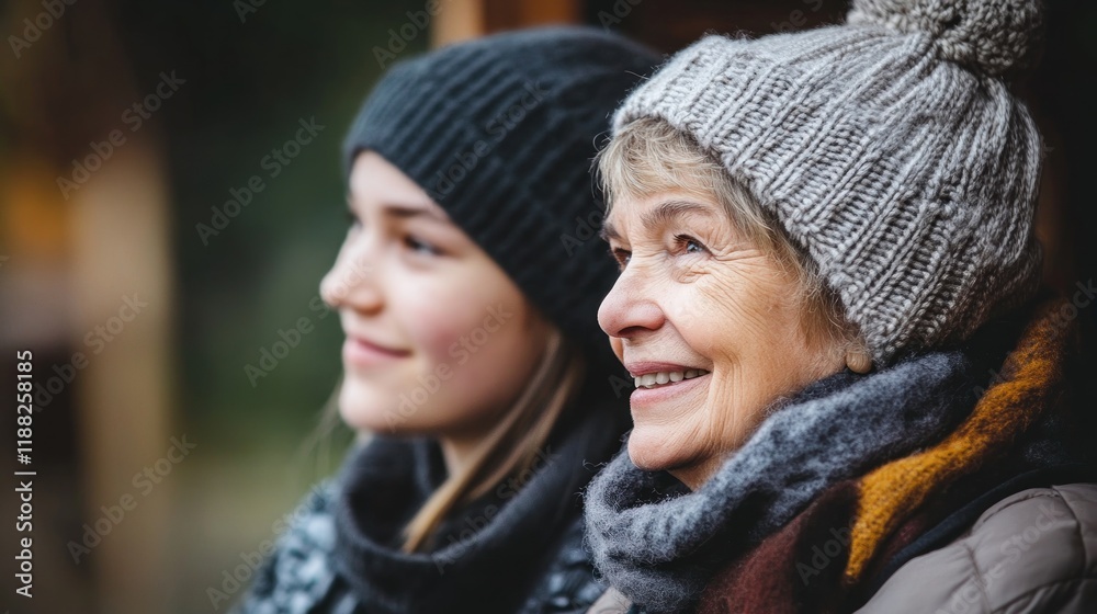 Generational bond, A heartwarming portrait of two women, a young adult and an older woman, sharing a moment of connection and warmth, possibly during an autumnal outdoor adventure. Generational bond, A heartwarming portrait of two women, a young adult and an older woman, sharing a moment of connection and warmth, possibly during an autumnal outdoor adventure.