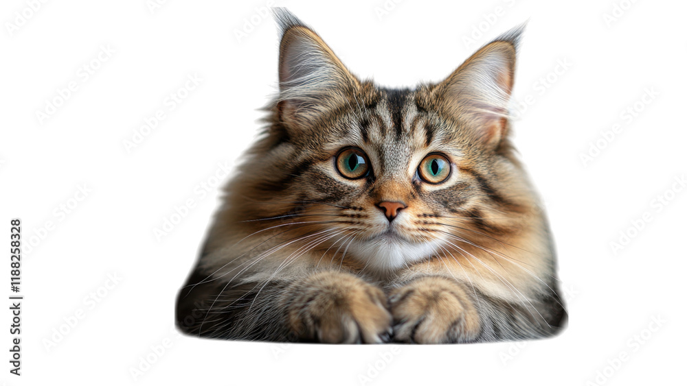 Fototapeta premium Elegant Maine Coon cat with a plush coat, set against a pristine white backdrop, showcasing its majestic presence and grace