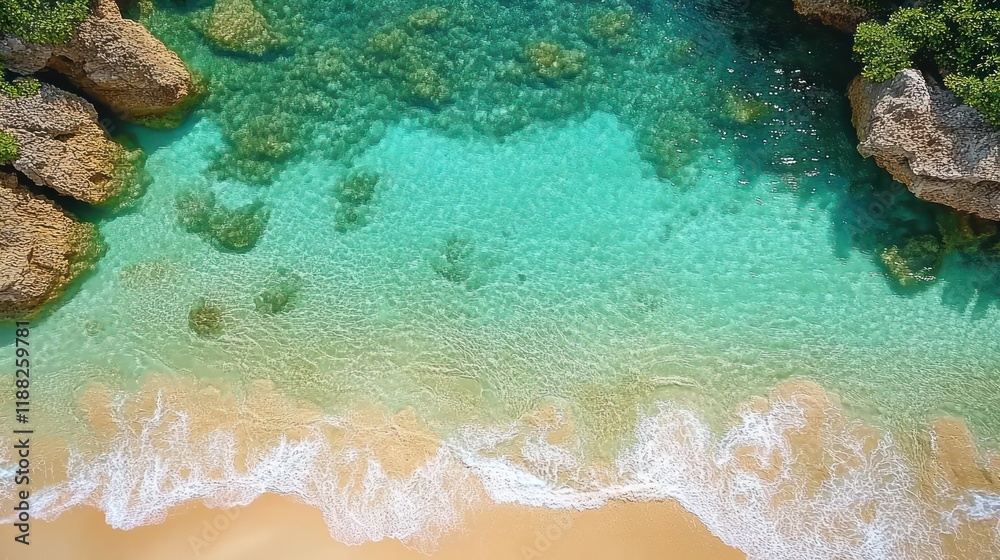 Obraz premium Aerial Turquoise cove, sandy beach, waves, cliffs, tropical vegetation.