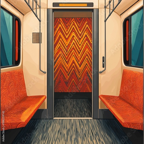 A colorful subway interior featuring zigzag patterned doors and orange benches in a modern design. Public Transit Valentine photo