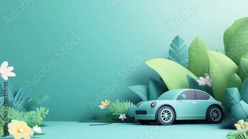 Teal electric car charging surrounded by lush tropical foliage and flowers on a mint green background. photo