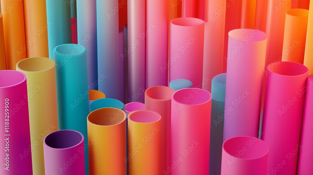 Fototapeta premium Vibrant abstract scene featuring colorful cylindrical shapes in a mesmerizing gradient of hues.