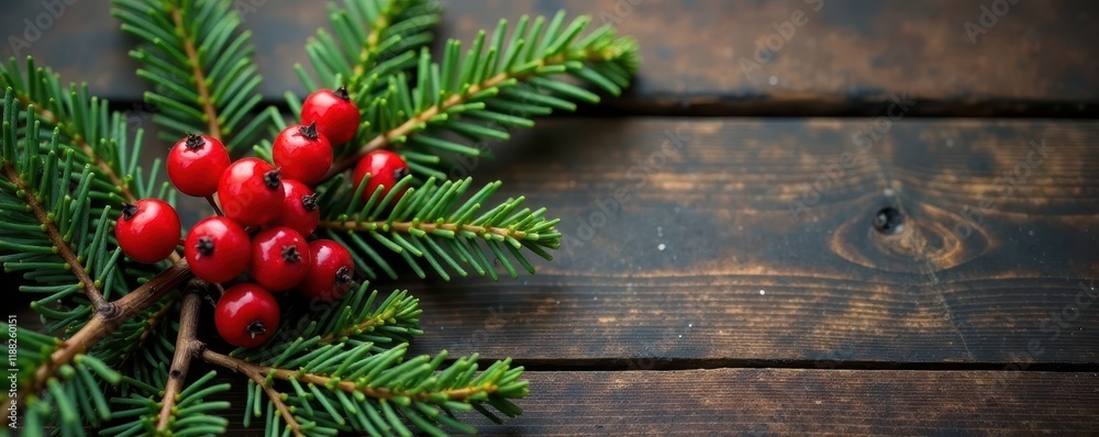 Red berries cluster on a bare evergreen branch over rustic wooden planks , holly berries, evergreen Red berries cluster on a bare evergreen branch over rustic wooden planks , holly berries, evergreen