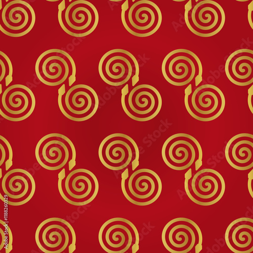 geometrical circular two snakes in golden texture with red background seamless pattern for wrapping and textile, background. 