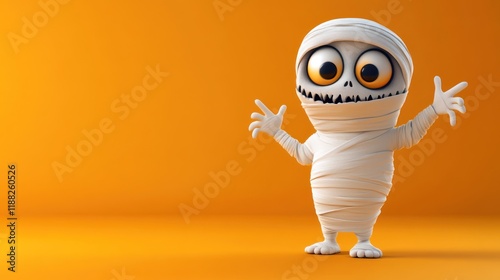 Cute cartoon mummy character on orange background.