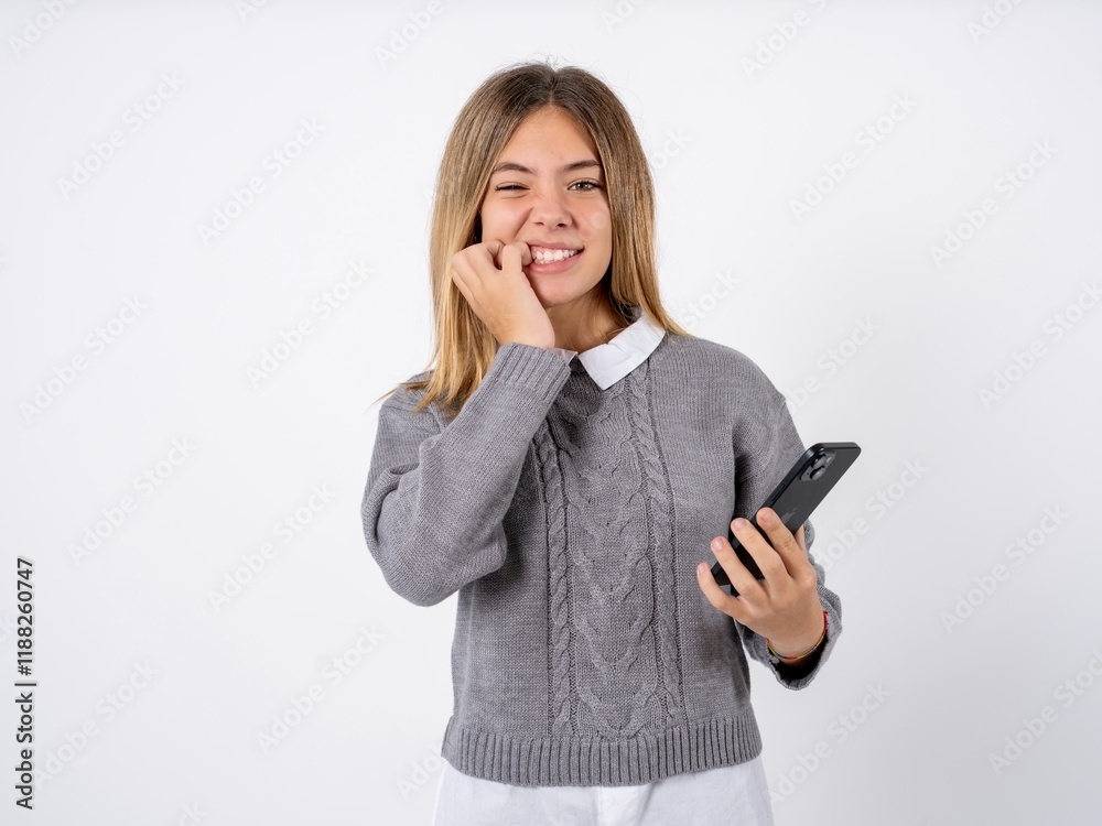 Afraid funny Beautiful teen girl wearing grey sweater holding telephone and bitting nails Afraid funny Beautiful teen girl wearing grey sweater holding telephone and bitting nails