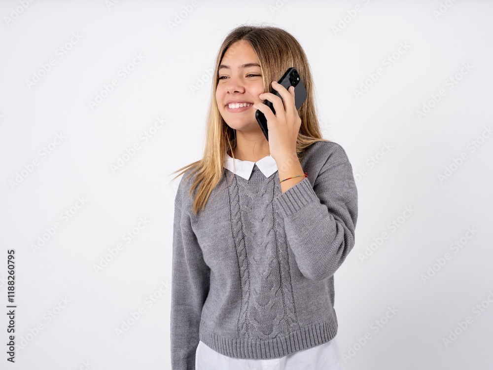 Happy joyful charming Beautiful teen girl wearing grey sweater talk speak phone smile good mood Happy joyful charming Beautiful teen girl wearing grey sweater talk speak phone smile good mood