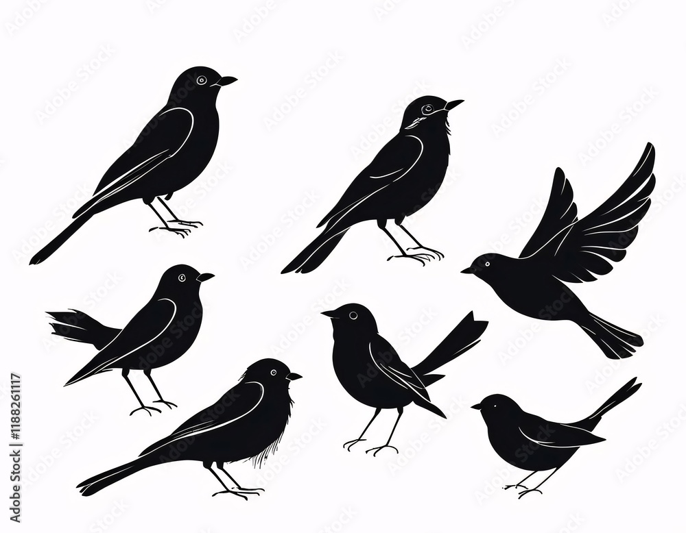 Bird silhouettes, perched, flying, white background, design.