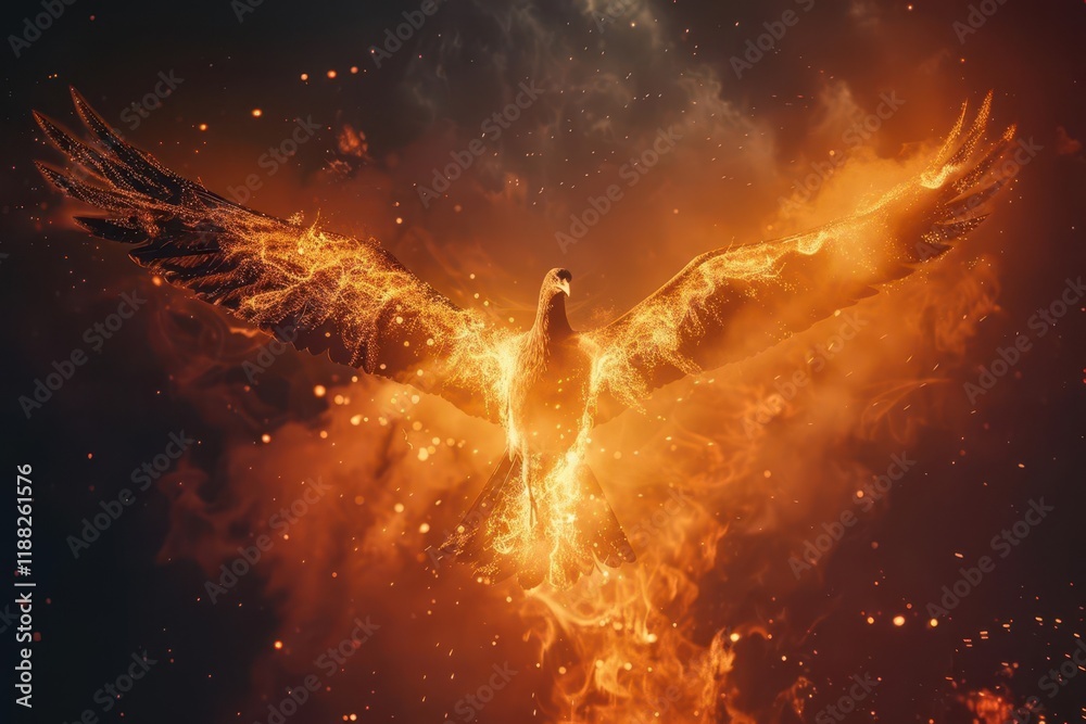 Fototapeta premium A fiery phoenix rising, symbolizing rebirth and transformation amidst swirling flames and sparks.