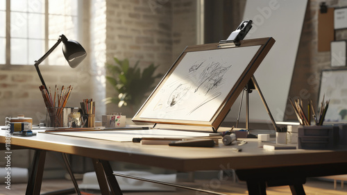 A sophisticated studio workspace with a drafting table, inspiration board, and neatly arranged art supplies, bathed in soft natural light.