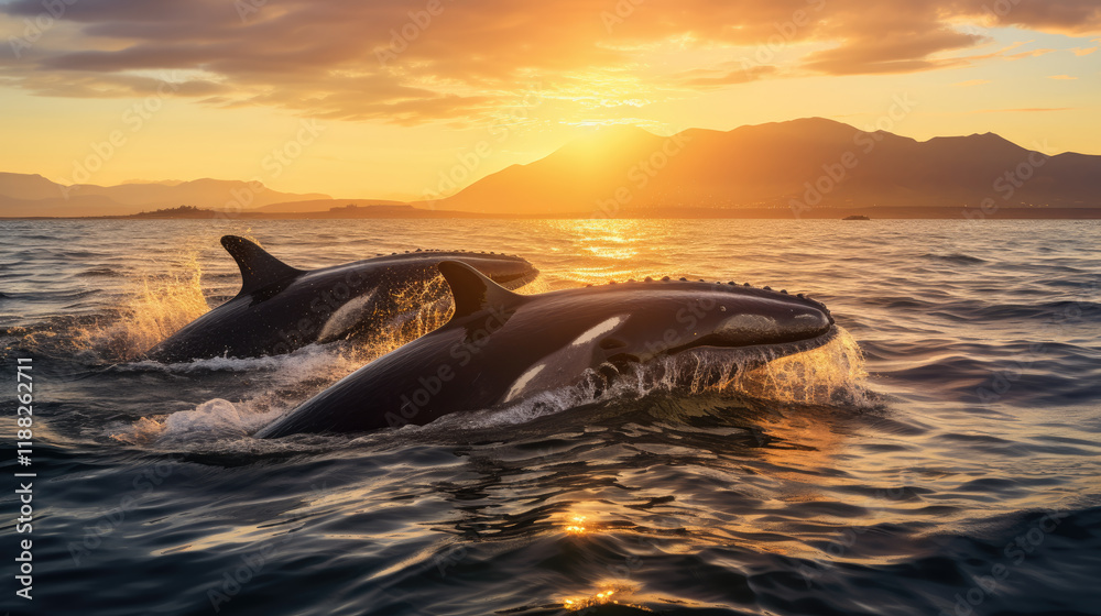 Fototapeta premium Two dolphins playfully leaping in the ocean during a vibrant sunset